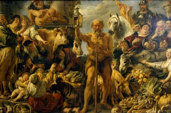 Diogenes op zoek naar een mens door Jacob Jordaens 1642